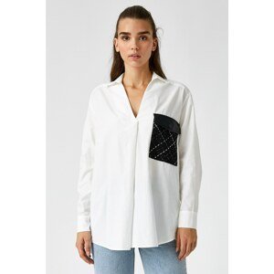 Koton V-Neck Pocket Detailed Oversize Long Sleeve Cotton Shirt