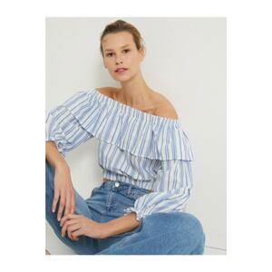 Koton Women's Blue Striped Cotton Off the Shoulder Blouse