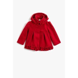 Koton Baby Girl Hooded Buttoned Floral Gabardine Fabric Red Coat