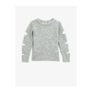 Koton Girl's Gray Crew Neck Cut-Off Sleeve Detailed Long Sleeve Knitwear Sweater