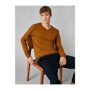 Koton Men's Yellow 100% Cotton V-Neck Long Sleeve Knitwear Sweater