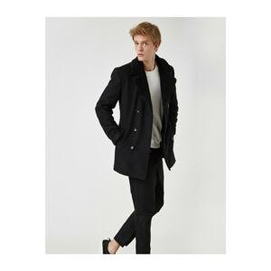 Koton Black Wool Collar Faux Fur Notched Collar Buttoned Pocket Coat