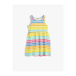 Koton Girl's Colorful Striped Thick Straps Pleated Waist Mid-Length Dress