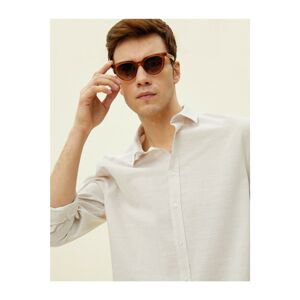 Koton Men's Ecru Cotton Striped Classic Collar Long Sleeve Shirt
