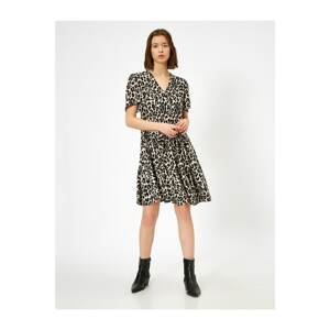 Koton V-Neck Leopard Patterned Pleat Detailed Mini Dress