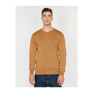 Koton Men's Mustard V-Neck Knitwear Sweater