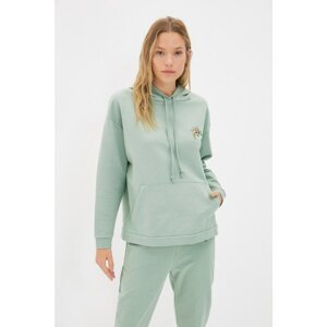 Trendyol Mint Oversize Hooded and Embroidered Thin Knitted Sweatshirt