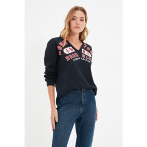 Trendyol Navy Blue Printed V Neck Loose Slim Knitted Sweatshirt