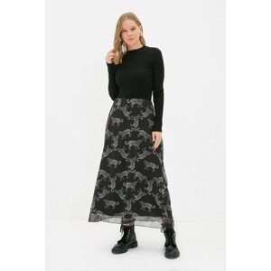 Trendyol Black Leopard Pattern Lined Chiffon Flared Skirt