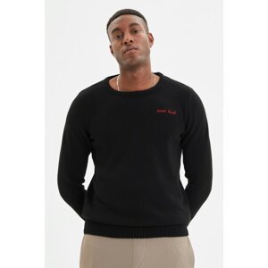 Trendyol Black Men's Slim Fit Crew Neck Embroidery Detailed Sweater