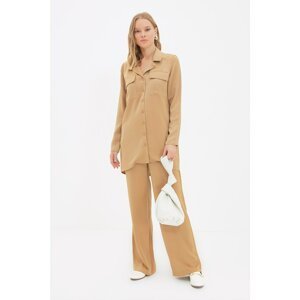 Trendyol Camel Shirt Collar Pocket Detailed Satin Bottom-Top Set