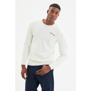 Trendyol Ecru Men's Slim Fit Crew Neck Embroidery Detailed Sweater