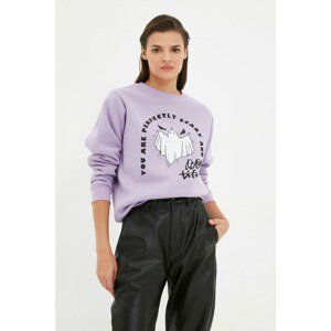 Trendyol Lilac Basic Printed Raised Knitted Sweatshirt