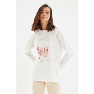 Trendyol Ecru Printed Basic Knitted T-Shirt