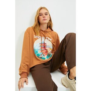 Trendyol Camel Printed Hoodie Boyfriend Slim Knitted Sweatshirt