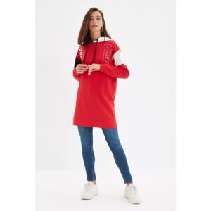 Trendyol Red Printed Hooded Long Oversize Knitted Slim Sweatshirt