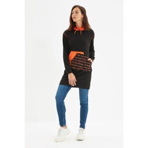 Trendyol Black Printed Hooded Long Oversize Knitted Slim Sweatshirt