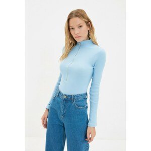 Trendyol Light Blue Stand Up Collar Zipper Snap Snap Knitted Body