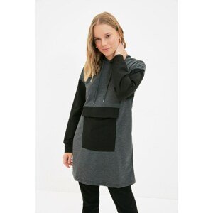 Trendyol Anthracite Hooded Color Block Knitted Sweatshirt