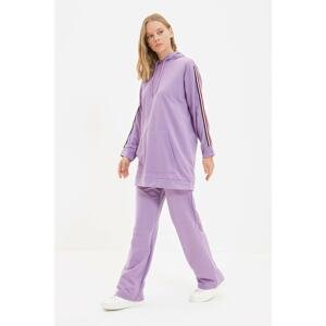 Trendyol Lilac Hooded Striped Sleeves Wide Leg Knitted Tracksuit Set