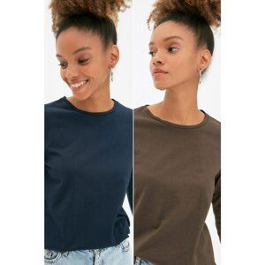 Trendyol Navy Blue-Brown 2-Pack Crew Neck Basic Knitted T-Shirt