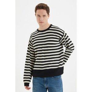 Trendyol Black Men's Oversize Fit Wide fit Crew neck Striped Knitwear Sweater.