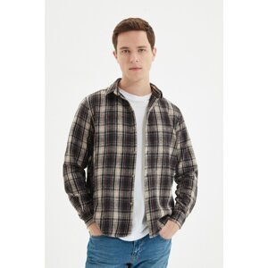 Trendyol Beige Mens Slim Fit Shirt Collar Long Sleeve Lumberjack Plaid Shirt