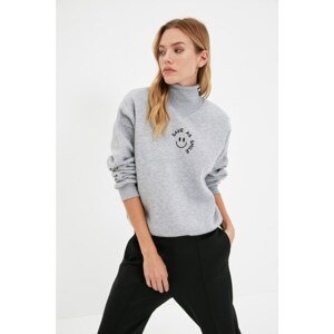 Trendyol Gray Loose Stand Up Collar Pattern Raised Knitted Sweatshirt