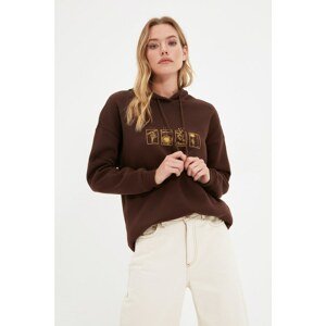 Trendyol Brown Printed Boyfriend Hoodie Raised Knitted Sweatshirt