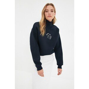Trendyol Navy Blue Loose Stand Up Collar Pattern Raised Knitted Sweatshirt