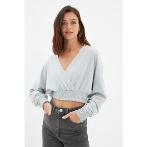 Trendyol Gray Double Breasted Collar Hooded Crop Knitted Sweatshirt