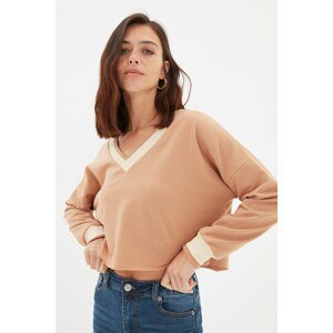 Trendyol Brown V-Neck Crop Knitted Slim Sweatshirt
