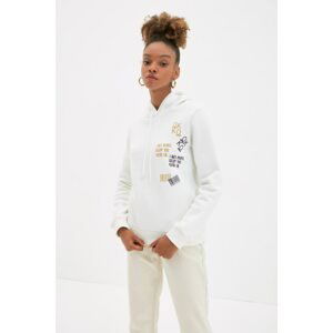 Trendyol Ecru Printed Basic Hoodie Raised Knitted Sweatshirt