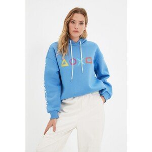 Trendyol Blue Printed Hooded Loose Pattern Raised Knitted Sweatshirt