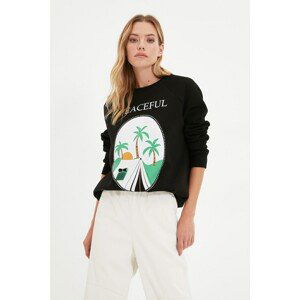 Trendyol Black Basic Printed Raglan Sleeve Ragged Knitted Sweatshirt