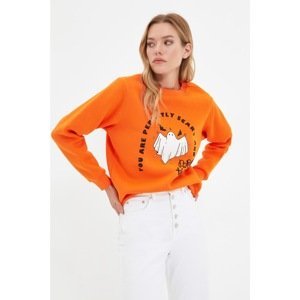 Trendyol Orange Basic Printed Raised Knitted Sweatshirt