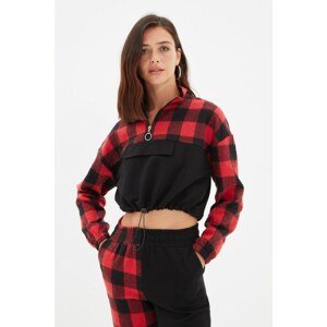 Trendyol Red Plaid Woven Detailed Crop Thin Knitted Sweatshirt