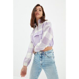 Trendyol Lilac Plaid Woven Detailed Crop Thin Knitted Sweatshirt