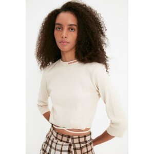 Trendyol Beige Lace Detailed Embroidered Crop Knitted Blouse