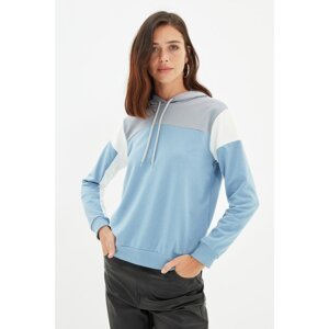 Trendyol Light Blue Color Block Basic Hoodie Slim Knitted Sweatshirt