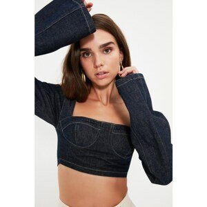 Trendyol Blue Balloon Sleeve Crop Denim Blouse