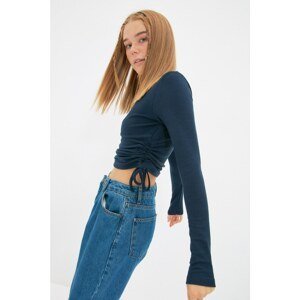 Trendyol Navy Blue Crewneck Knitted Blouse with Smocking on the Sides, Ribbed Flexible, Crop