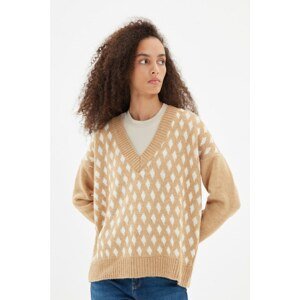 Trendyol Camel Jacquard Oversize Knitwear Sweater