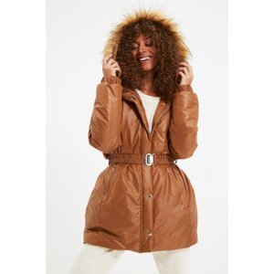 Trendyol Camel Belted Fur Hooded Quilted Inflatable Coat