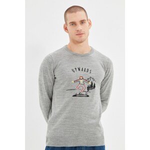 Trendyol Gray Men's Slim Fit Crew Neck Embroidery Detailed Sweater