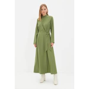 Trendyol Green Stand Up Collar Double Breasted Detailed Belted Dress