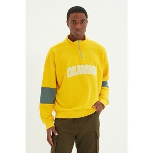 Trendyol Mustard Men's Oversize Fit Stand Up Collar Paneled Embroidered Sweatshirt