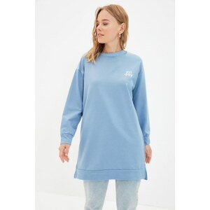Trendyol Blue Crew Neck Slit Detailed Printed Knitted Sweatshirt