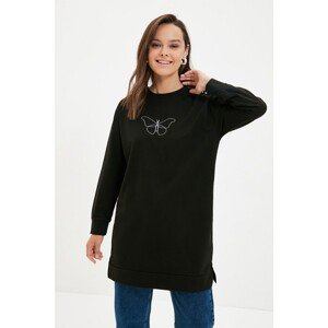 Trendyol Black Crew Neck Slit Detailed Printed Knitted Sweatshirt