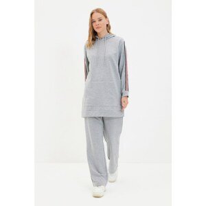 Trendyol Gray Hooded Striped Sleeves Wide Leg Knitted Tracksuit Set